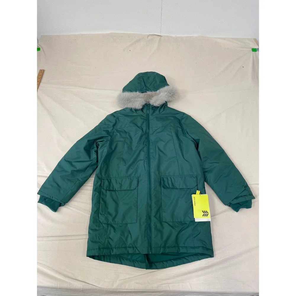 All in Motion Kids Green Hooded Parka Jacket Faux Fur Trim XL (14) NWT
